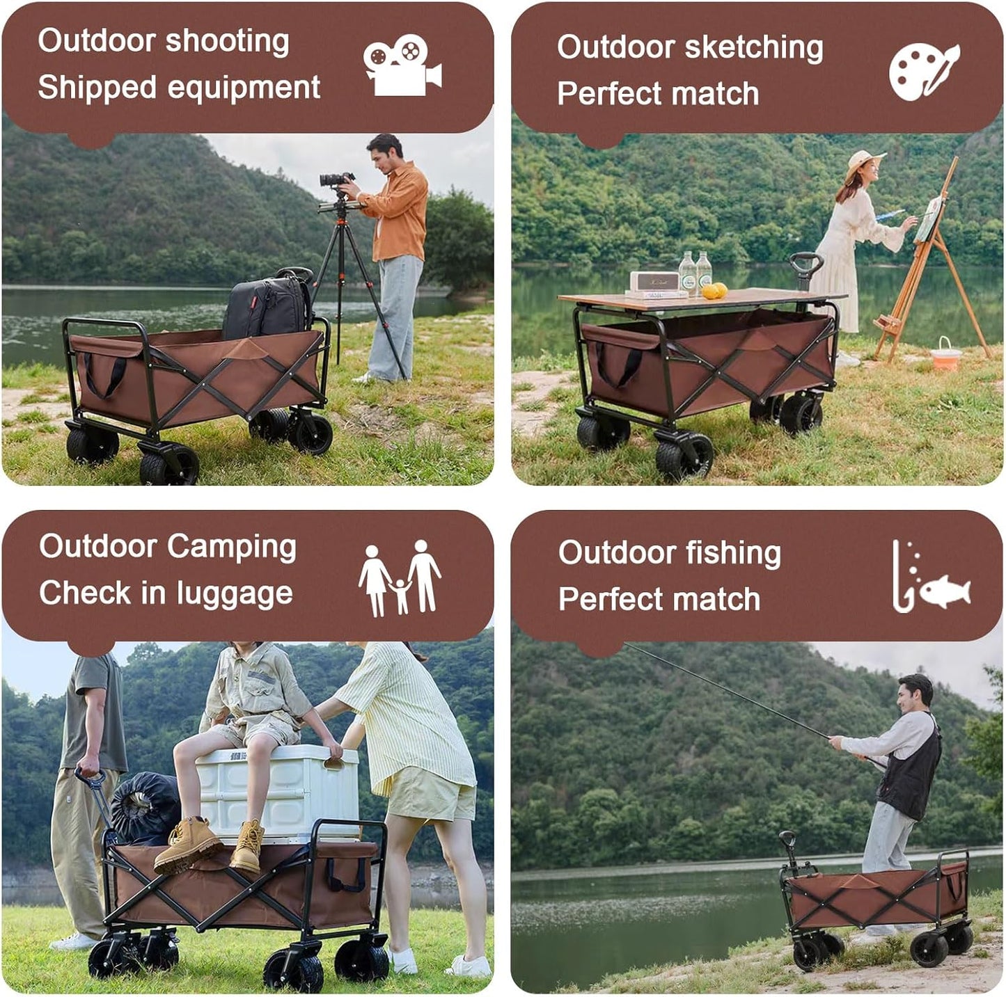 Collapsible Foldable Wagon Cart – Heavy Duty All-Terrain Trolley with 360° Wheels & Adjustable Handle – 200kg Capacity | Letz Kart® - Coffee Color