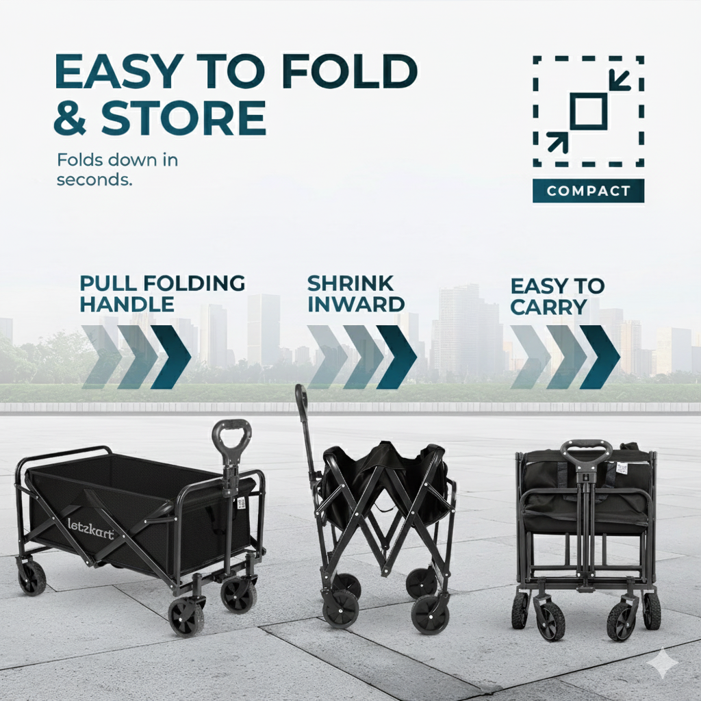 Collapsible Foldable Wagon Cart | Heavy Duty All-Terrain Trolley with 360° Wheels & Adjustable Handle | 85kg & 200kg Capacity | Letz Kart® | Brown, Black & Blue Colors