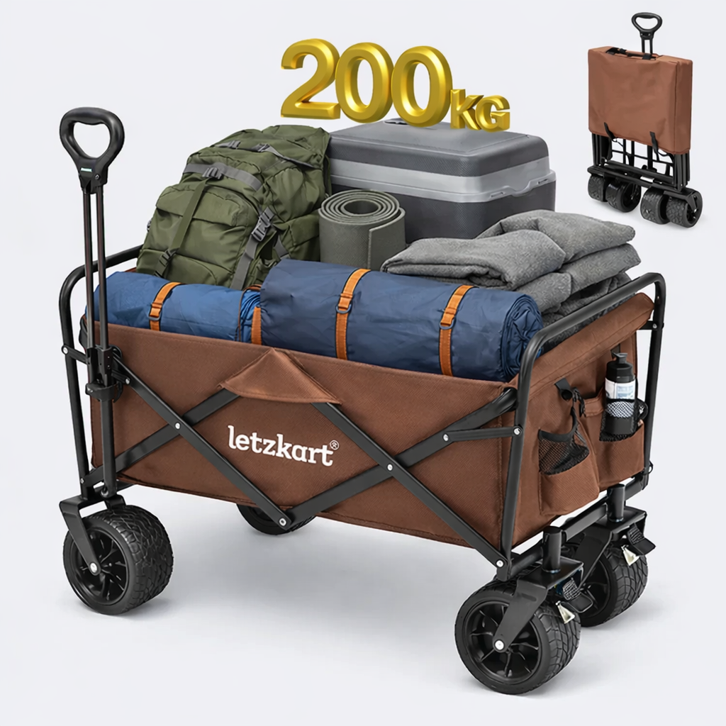 Collapsible Foldable Wagon Cart | Heavy Duty All-Terrain Trolley with 360° Wheels & Adjustable Handle | 85kg & 200kg Capacity | Letz Kart® | Brown, Black & Blue Colors