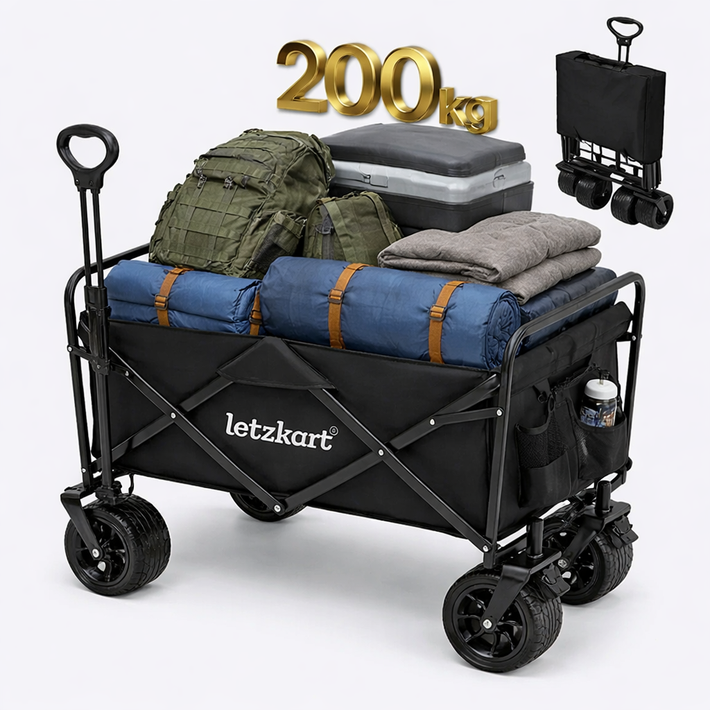 Collapsible Foldable Wagon Cart | Heavy Duty All-Terrain Trolley with 360° Wheels & Adjustable Handle | 85kg & 200kg Capacity | Letz Kart® | Brown, Black & Blue Colors