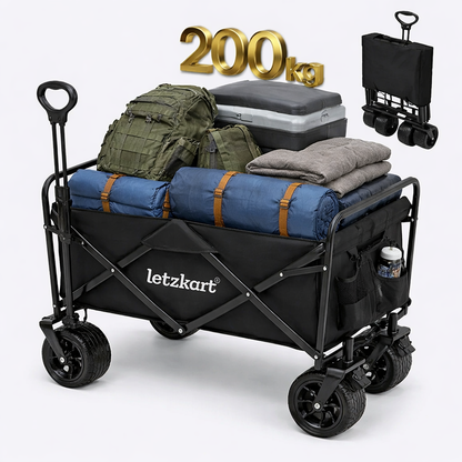 Collapsible Foldable Wagon Cart | Heavy Duty All-Terrain Trolley with 360° Wheels & Adjustable Handle | 85kg & 200kg Capacity | Letz Kart® | Brown, Black & Blue Colors